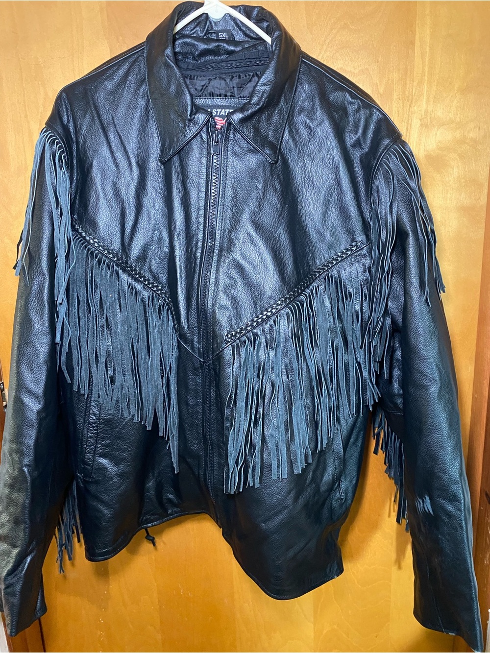 STATE Black Leather Fringe Jacket with Braided Yoke Accent